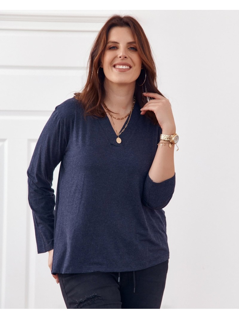 Classic V-neck blouse, navy blue FG561 - Online store - Boutique